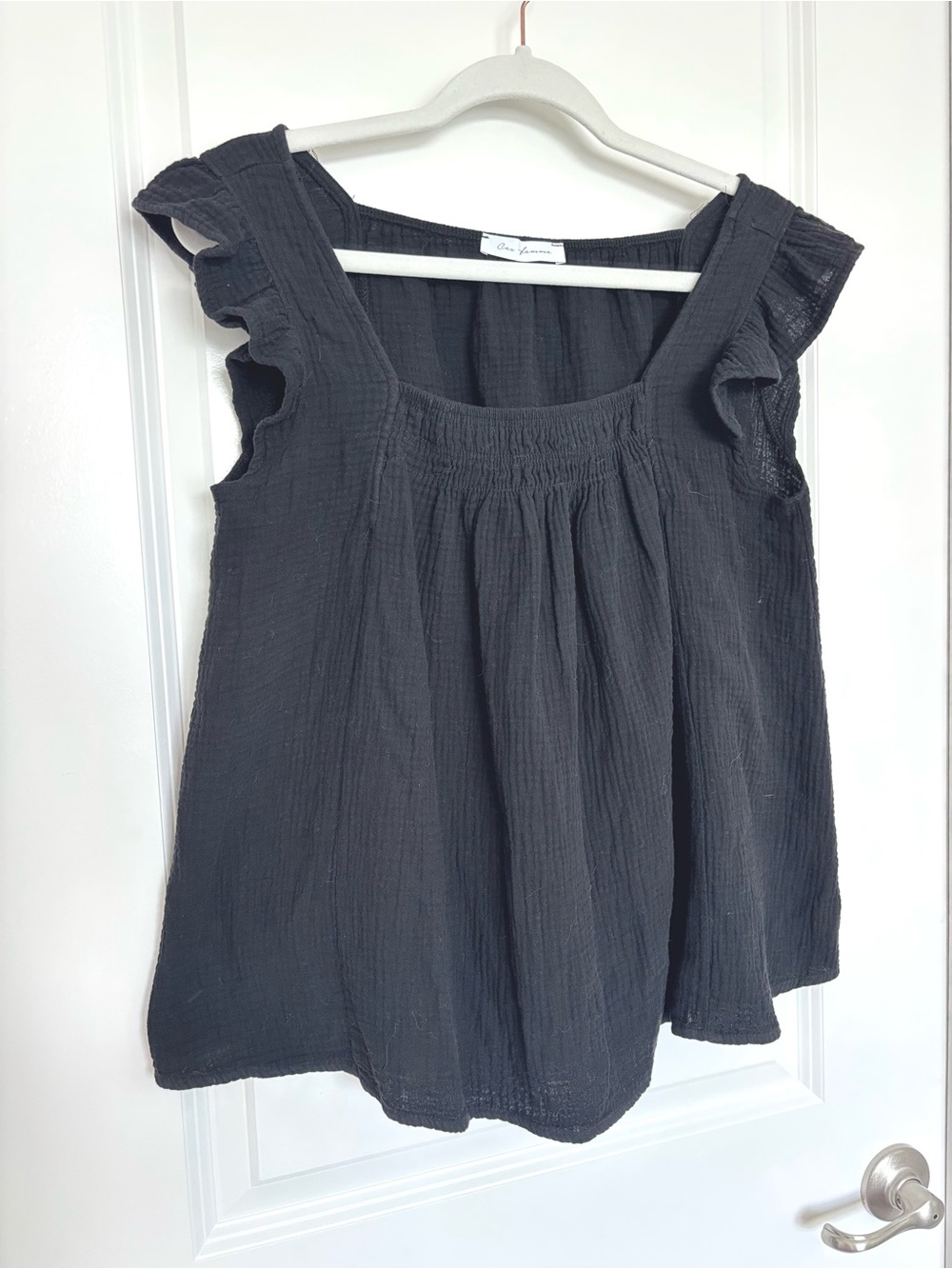 100% Cotton Ces Femme Black Ruffle Sleeve Peasant Blouse Boho Top Gauze